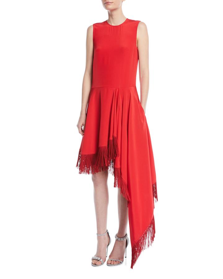 Sleeveless A-line Silk Dress W/ Fringe Hem
