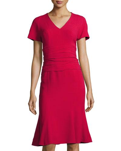 V-neck Crepe Shirred-waist Dress,