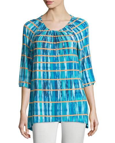 3/4-sleeve Tie-dye Boat-neck Tunic,