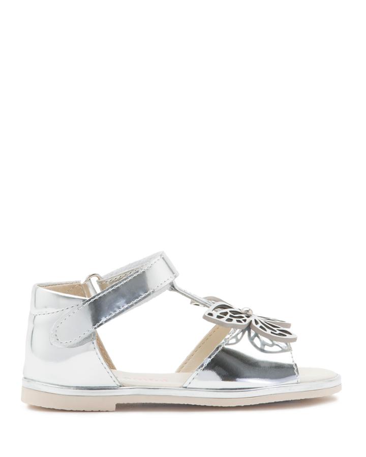 Flutterby Metallic Leather T-strap Flat Sandals, Silver, Toddler/youth
