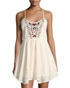 Romantic Floral-embroidered Babydoll Dress, White Pattern
