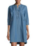 Angie Chambray Dress With Scalloped Detail, Blue