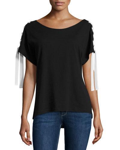 Lace-up Shoulder Tee, Black/off White