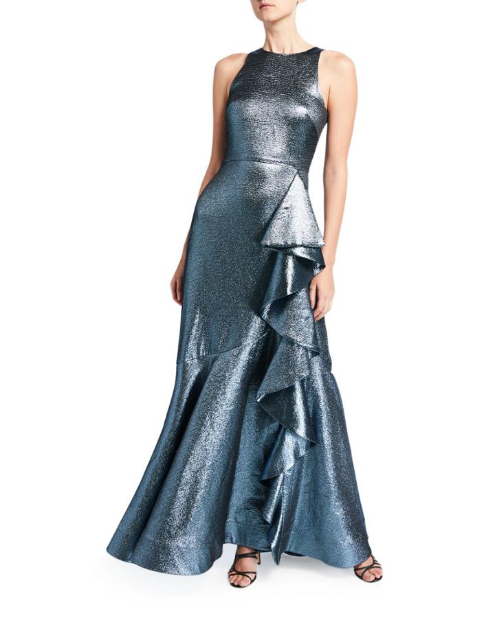 Caroline Metallic Sleeveless Gown With Asymmetric Ruffle Detail