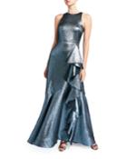 Caroline Metallic Sleeveless Gown With Asymmetric Ruffle Detail
