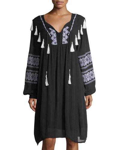Split-neck Embroidered Long-sleeve Dress