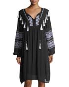 Split-neck Embroidered Long-sleeve Dress