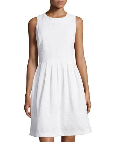 Eyelet Sleeveless Fit & Flare Dress W/pockets, White
