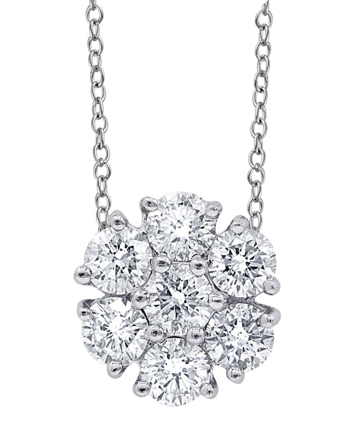18k White Gold Diamond Cluster Pendant Necklace,