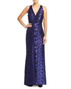 Sleeveless Jacquard Gown W/ Lace Inserts, Imperial Blue