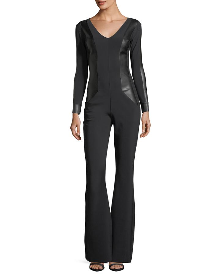 Cecilia Long-sleeve Flared-leg Jumpsuit W/ Faux
