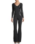 Cecilia Long-sleeve Flared-leg Jumpsuit W/ Faux