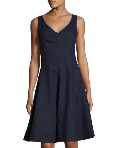 Fit & Flare V-neck Linen Dress, Navy