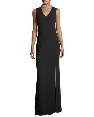 Sleeveless Pearly-collar Gown