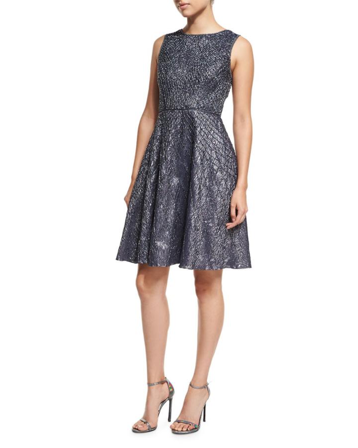 Sleeveless Lattice Beaded Fit-and-flare Cocktail Dress