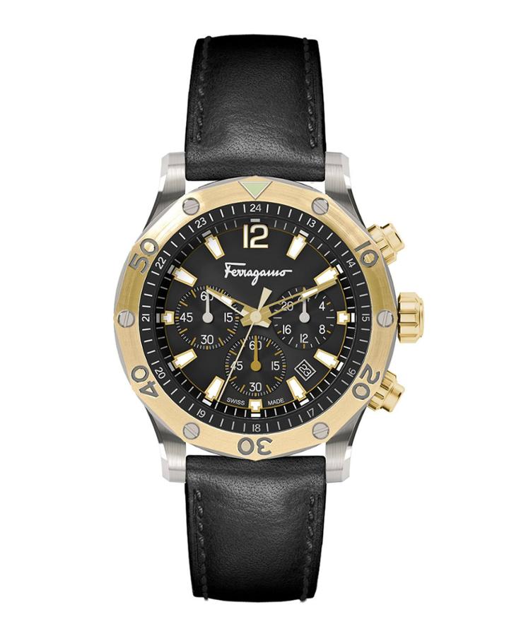 Men's 44mm Chronograph Watch W/ Leather Strap, Gold/black