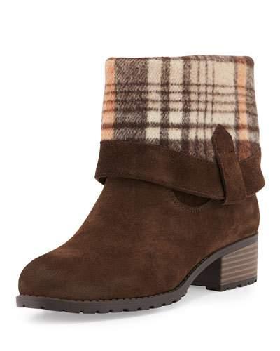 June Flannel-cuff Suede Bootie, Dark Brown