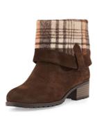 June Flannel-cuff Suede Bootie, Dark Brown