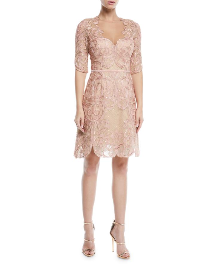 Metallic Filigree Embroidered Cocktail Dress W/ Velvet Trim