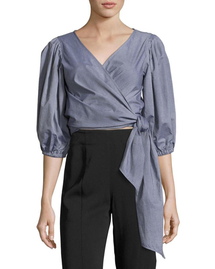 Farrah Side-tie Wrap Cotton Top, Indigo