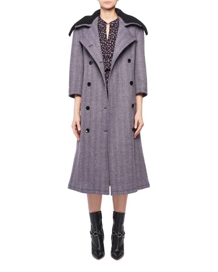 Chesler Double-breasted Herringbone Top Coat W/ Removable Crochet Collar