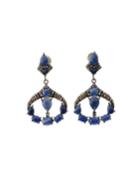 Silver Deco Drop Earrings With Blue Sapphire & Diamonds