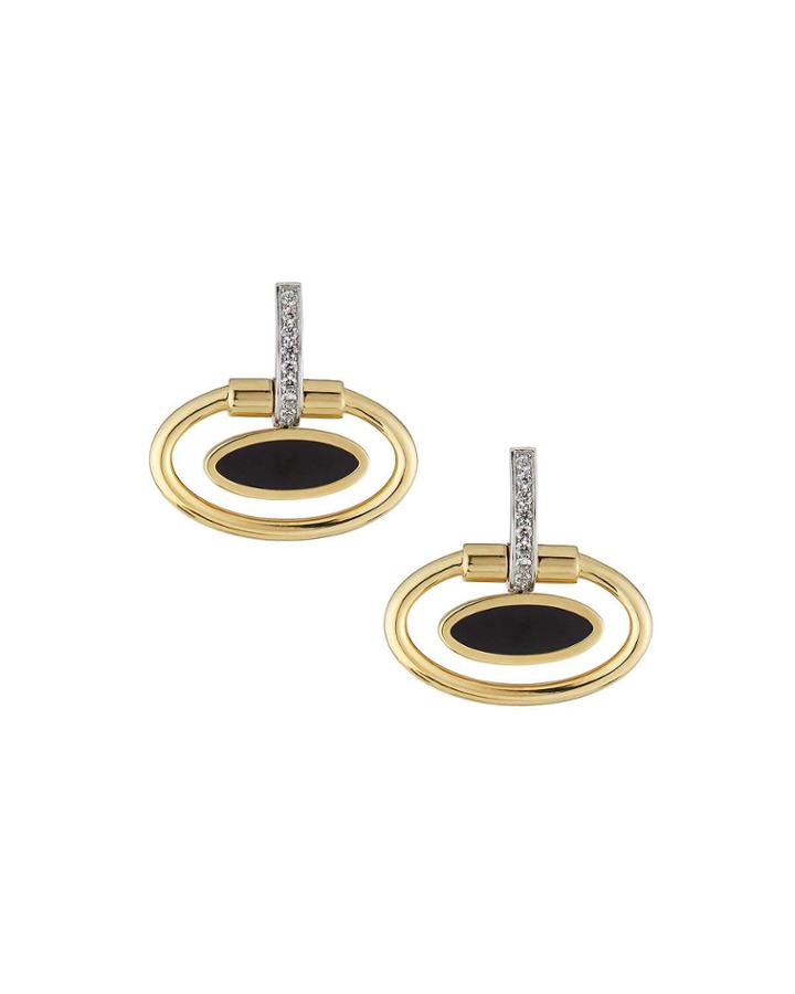 18k Oval Black Jade Earrings, Gold/white