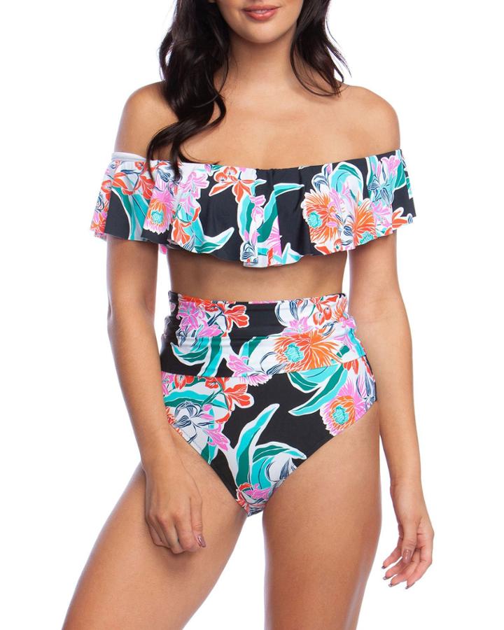 Tropic Wave Shirred Off-shoulder Bikini Top