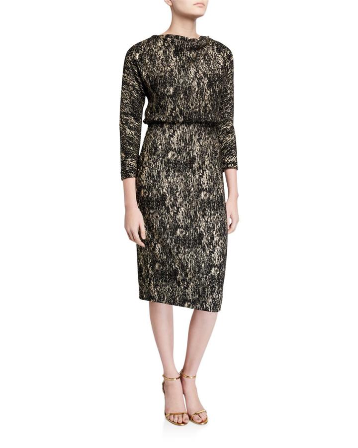 Foiled High-neck 3/4-sleeve Blouson Dress