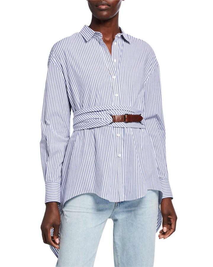 Button-down Striped Long Sleeve Poplin Blouse With Wrap Belt