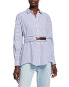 Button-down Striped Long Sleeve Poplin Blouse With Wrap Belt