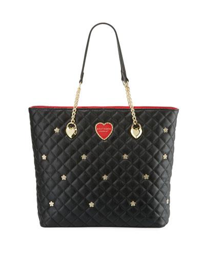 Quilted Flower-stud Chain Shopper Tote Bag