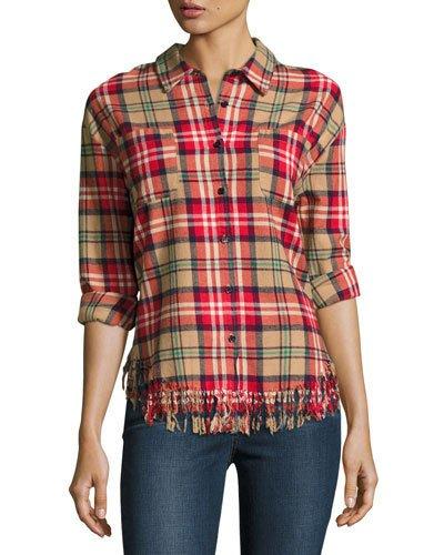 Check Frayed-hem Top, Red