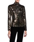 Leopard Sequins Long-sleeve Turtleneck Top