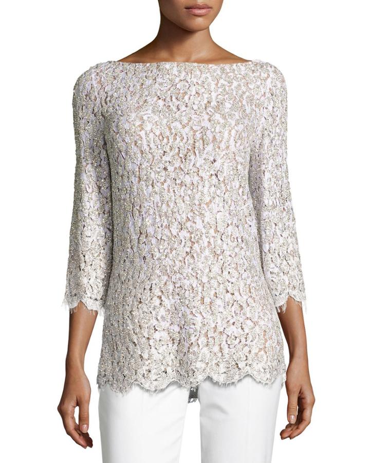 Embellished Lace 3/4-sleeve Tunic Top, White