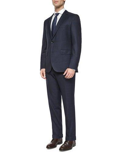 Windowpane Two-piece Wool Suit, Navy/gray