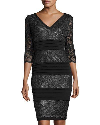 Textured-panel Sheath Dress, Black/silver