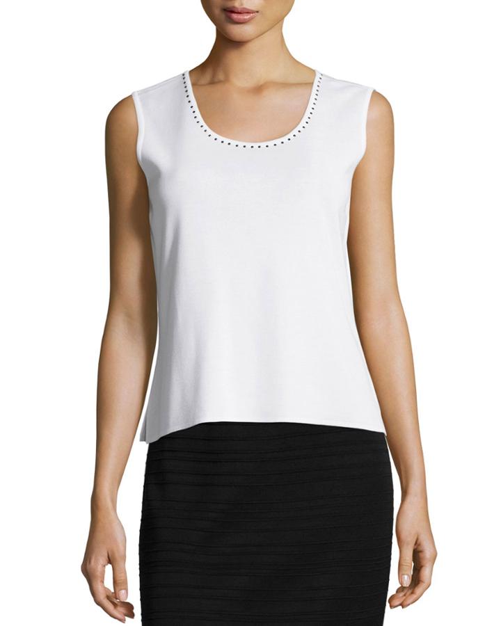 Ming Wang Studded-trim Scoop-neck Tank, White, Women's, Size: