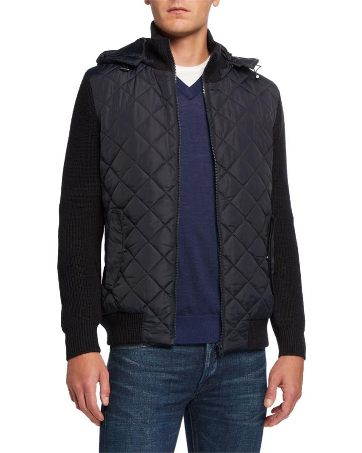 Men's Mixed-media Diamond Quilted Hoodie Jacket