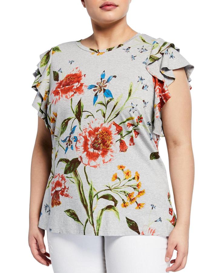 Plus Size Iris Floral-print T-shirt With Ruffle Cap
