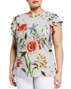 Plus Size Iris Floral-print T-shirt With Ruffle Cap