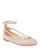 Studded Leather Ankle-strap Ballerina Flats