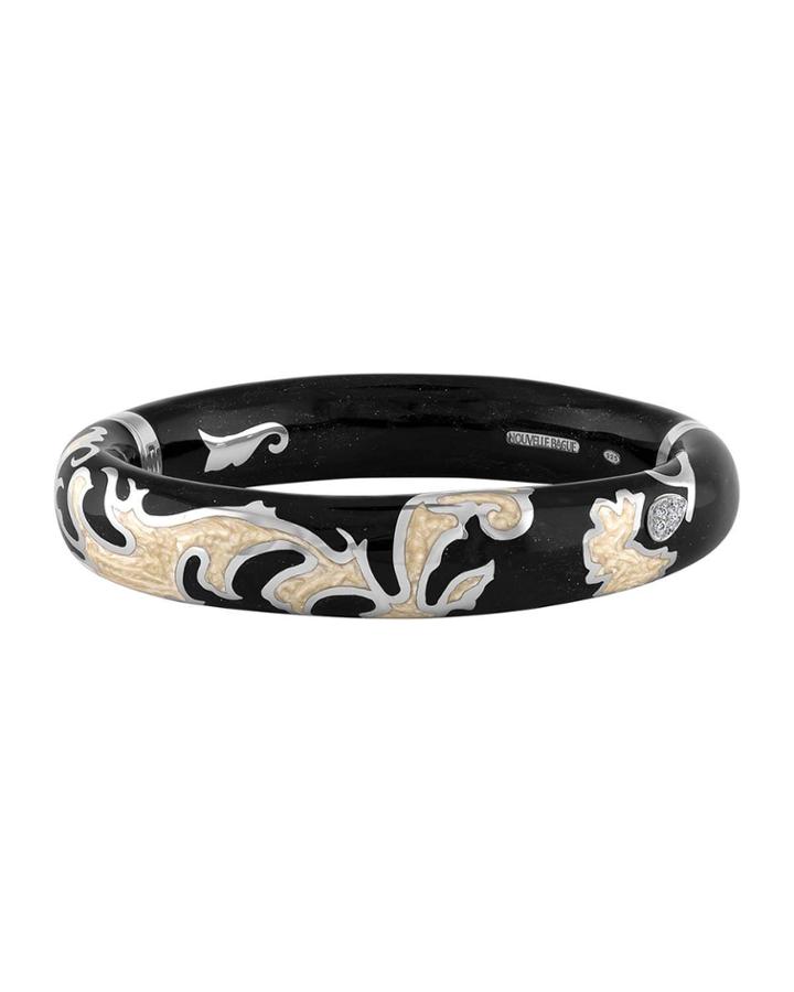 18k White Gold Flower Enamel Bangle W/ Diamonds, Black/tan