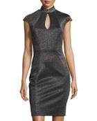 Cap-sleeve Keyhole Midi Dress, Black/silver