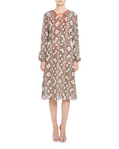 Mora Python-print Long-sleeve Dress, Beige
