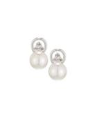 10mm Triple Cz Crystal & Pearl Stud Earrings, White