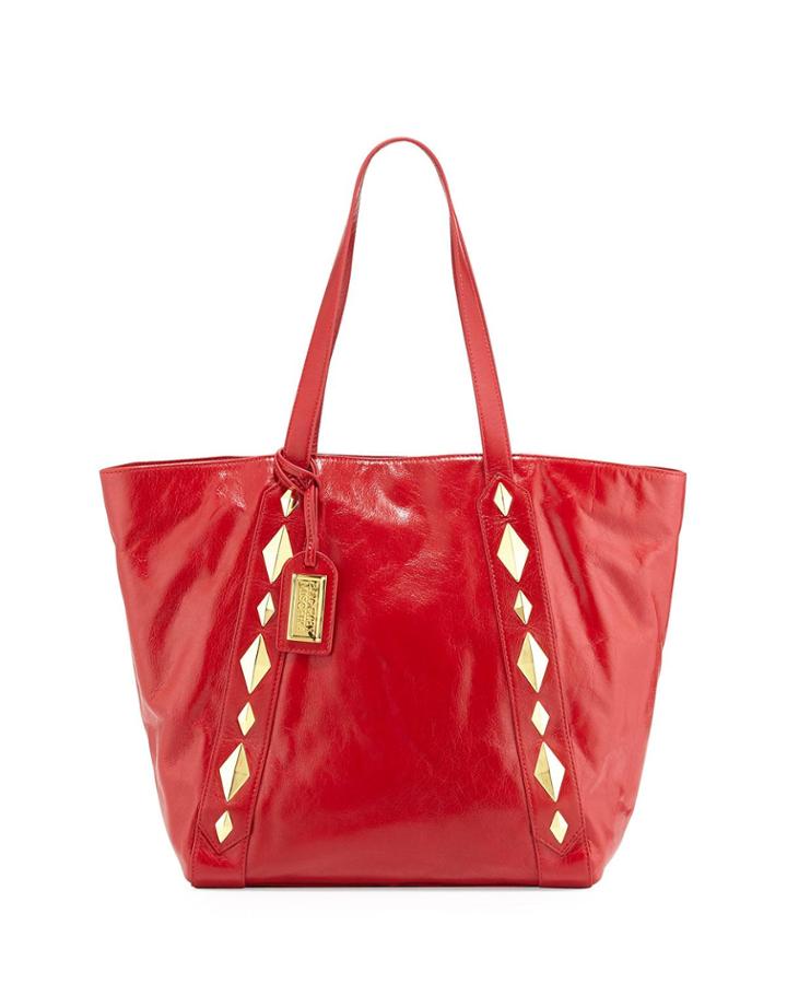 Badgley Mischka Terri Studded Shine Leather Tote Bag, Red