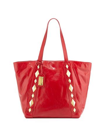 Badgley Mischka Terri Studded Shine Leather Tote Bag, Red