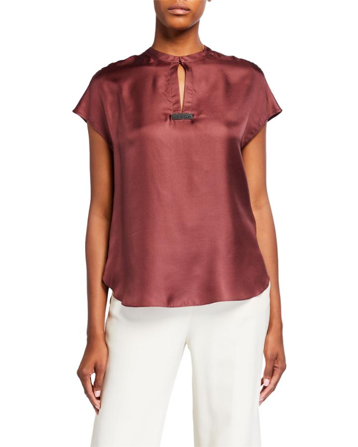 Silk Cap-sleeve Monili-tabbed Blouse