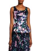 Floral-printed Sleeveless Mikado Peplum Top W/ Cutout Back & Bow